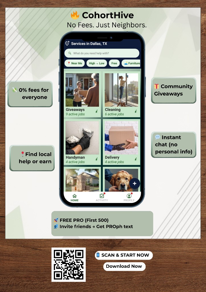 CohortHive flyer: No Fees. Just Neighbors. — app preview with Dallas services, 0% fees, giveaways, in-app chat, Free Pro for the first 500, QR code and download call-to-action.